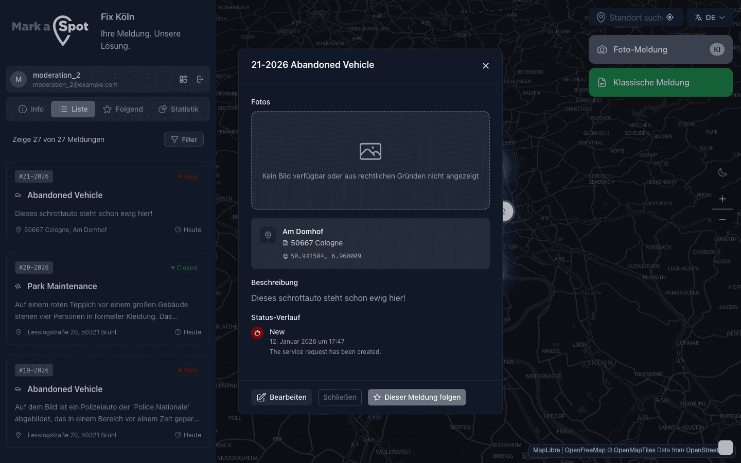Mängelmelder Detailansicht mit Standort und Bearbeitungsstatus